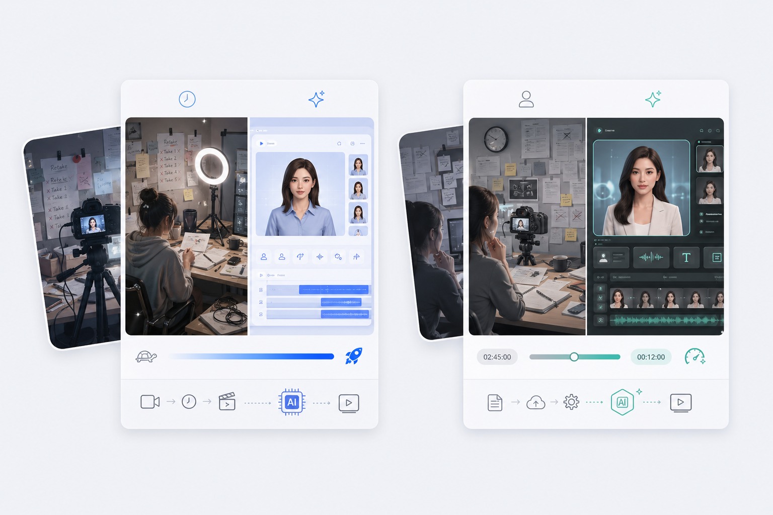 Workflow showing AI talking avatar replacing repeated camera shoots